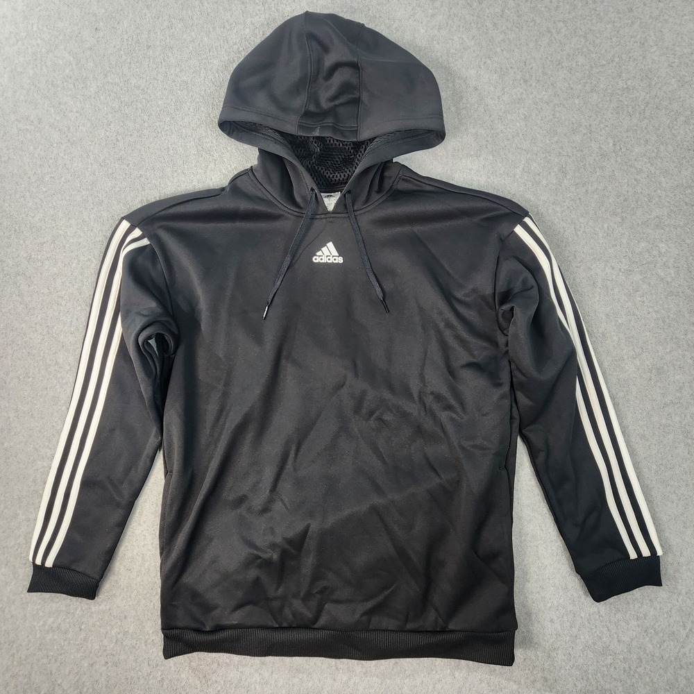 adidas 3 Stripe Gear Up Hoody Pullover Sweatshirt Womens M Black Sport Pullover